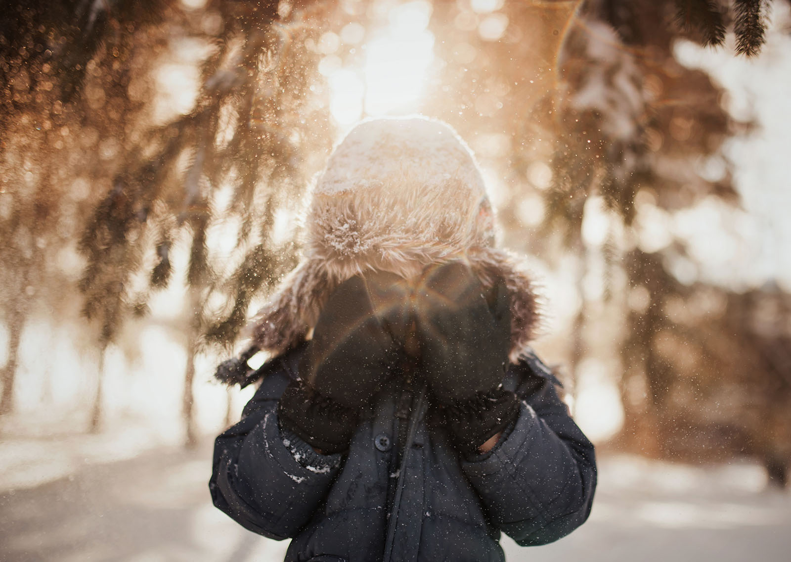 backlit pic of snow falling on boy by Meg Loeks