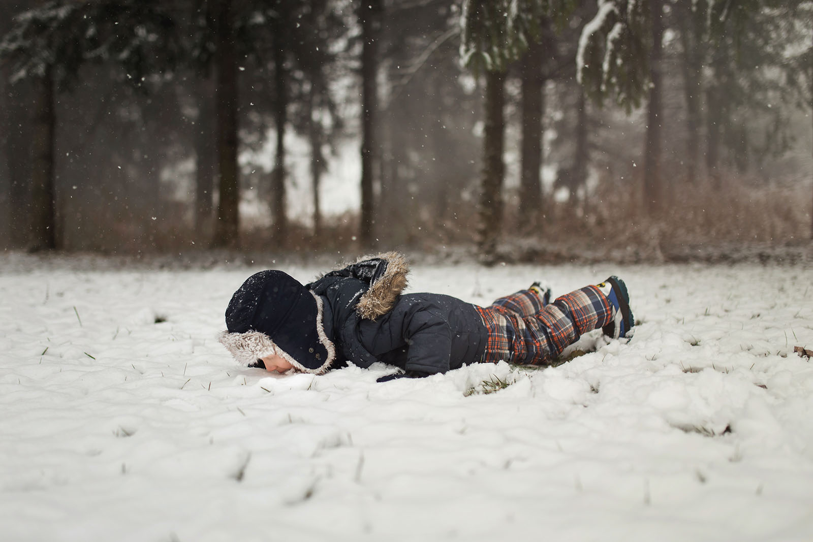 photo of boy laying down and eating the snow by Meg Loeks