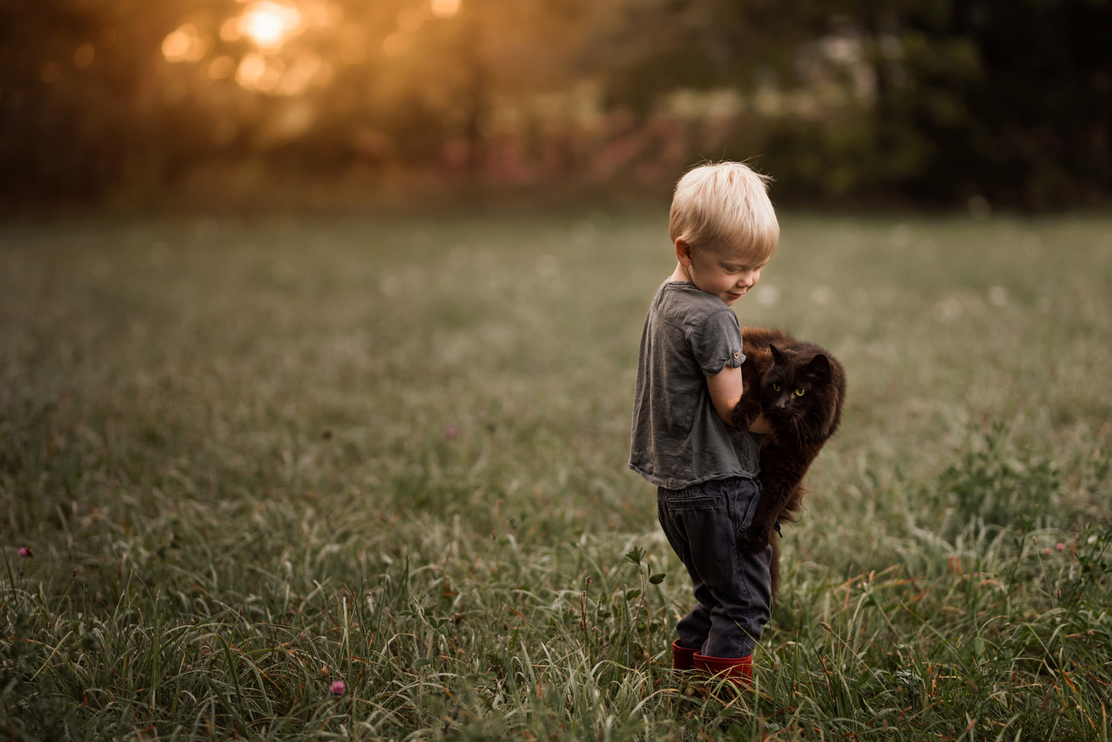 photographing pets small boy carrying large cat in grass by meg loeks