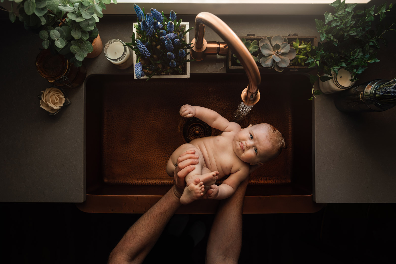baby being bathed in copper sink with plants surrounding meg loeks