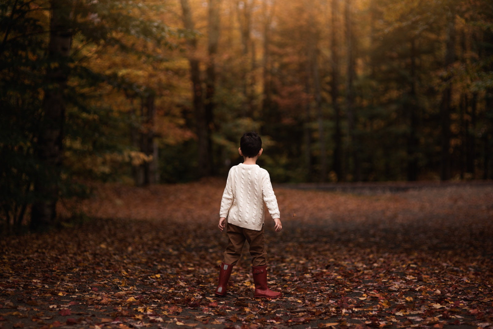 photographing fall color boy in red boots and sweater in leaves on trail sarah gupta